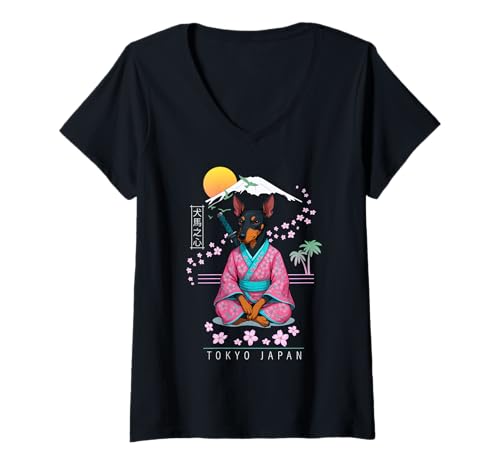 Damen Manchester Terrier T-Shirt mit V-Ausschnitt von Dog & Pet Owner Art