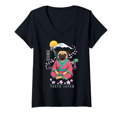 Damen Mops Pug T-Shirt mit V-Ausschnitt von Dog & Pet Owner Art
