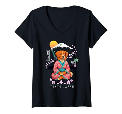 Damen Nova Scotia Duck Tolling Retriever T-Shirt mit V-Ausschnitt von Dog & Pet Owner Art