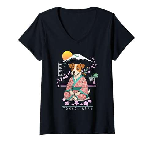 Damen Parson Russell Terrier T-Shirt mit V-Ausschnitt von Dog & Pet Owner Art
