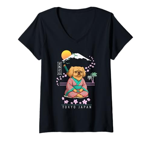 Damen Pekingese Pekinese T-Shirt mit V-Ausschnitt von Dog & Pet Owner Art