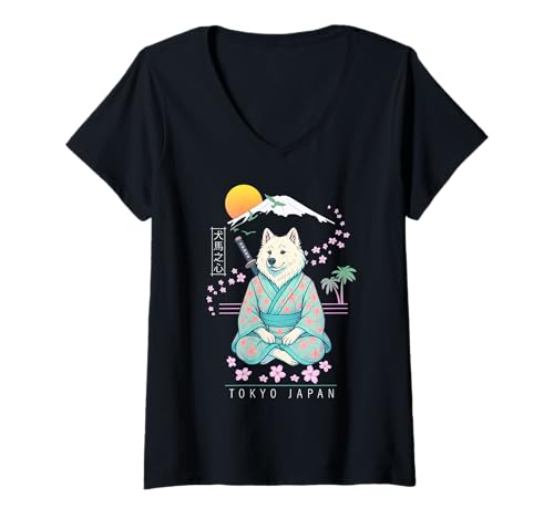 Damen Samojede T-Shirt mit V-Ausschnitt von Dog & Pet Owner Art