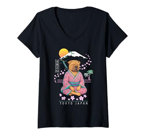 Damen Shar Pei T-Shirt mit V-Ausschnitt von Dog & Pet Owner Art