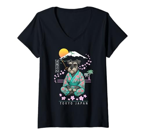 Damen Standard Schnauzer Mittelschnauzer T-Shirt mit V-Ausschnitt von Dog & Pet Owner Art