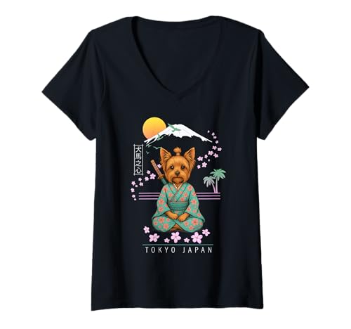 Damen Yorkshire Terrier T-Shirt mit V-Ausschnitt von Dog & Pet Owner Art