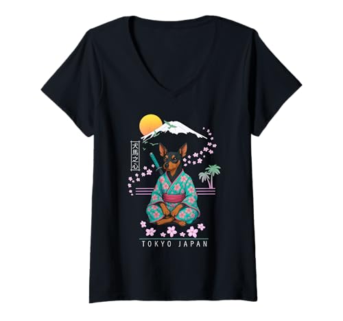Damen Zwergpinscher Rehpinscher T-Shirt mit V-Ausschnitt von Dog & Pet Owner Art