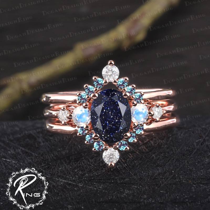 3Pcs Unique Oval Cut Blue Sandstone Engagement Ring Sets Art Deco Promise Solid Rose Gold Bridal Handmade Jewelry Gifts For Women von DoganCustomizedGifts