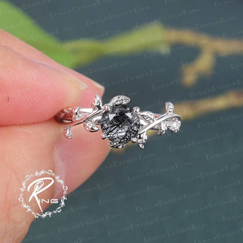 6.0mm Black Rutilated Quartz Engagement Ring Leaf & Vine White Gold Nature Inspired Healing Gemstone Promise Ring For Her von DoganCustomizedGifts