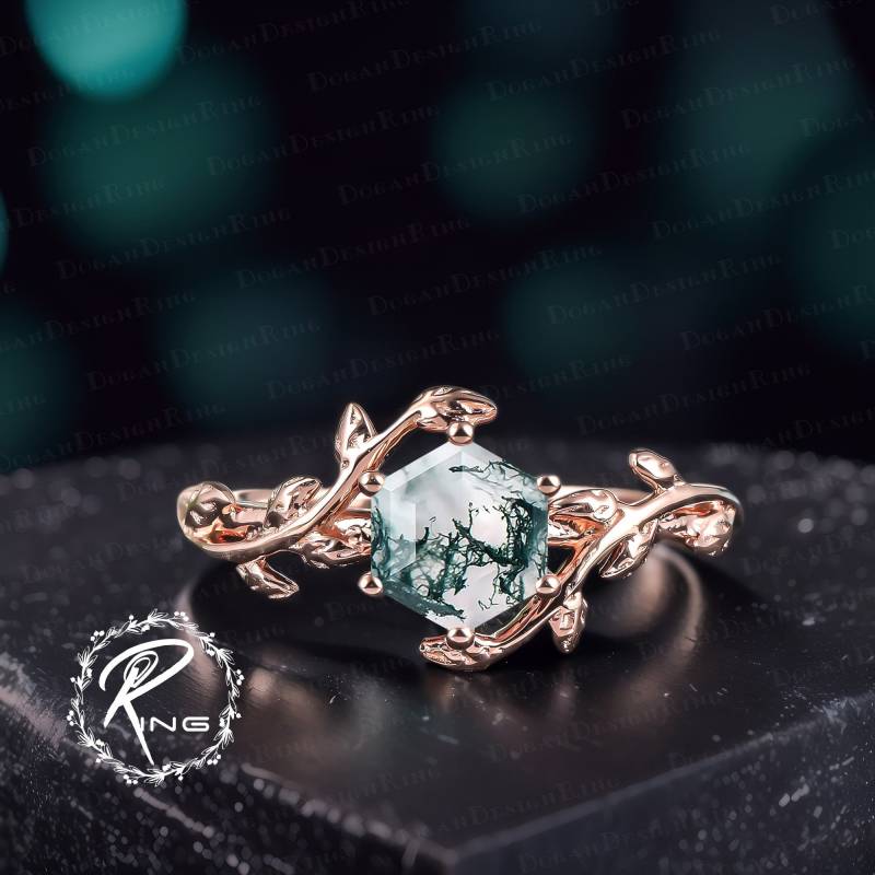6.0mm Hexagon Moss Agate Engagement Ring Leaf & Vine Promise For Her Solid 14K Rose Gold Nature Inspired Ring Anniversary Gifts von DoganCustomizedGifts