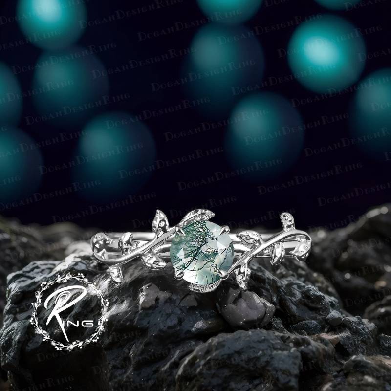 6.0mm Moss Agate Engagement Ring Leaf & Vine White Gold Nature Inspired Alternative Gemstone Promise Ring For Her von DoganCustomizedGifts