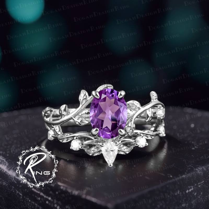 Art Deco Oval Cut Amethyst Engagement Ring Set Unique Solid 14K White Gold Promise Nature Inspired Leaf Vine Bridal Jewelry Gift von DoganCustomizedGifts