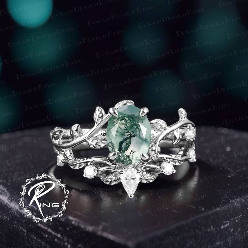 Art Deco Oval Cut Moss Agate Engagement Ring Set Unique Solid 14K White Gold Promise Nature Inspired Leaf Vine Bridal Jewelry Gift von DoganCustomizedGifts