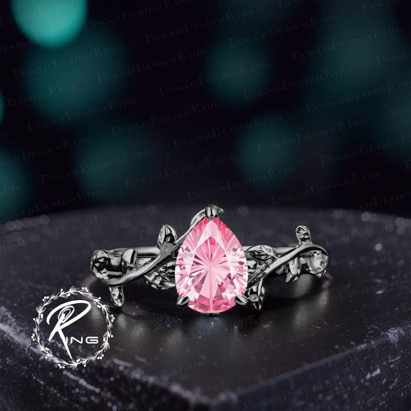 Firework Cut Pear Pink Sapphire Engagement Ring Gothic Black Gold Gemstone Promise Nature Inspired Leaf Handmade Jewelry Gift von DoganCustomizedGifts