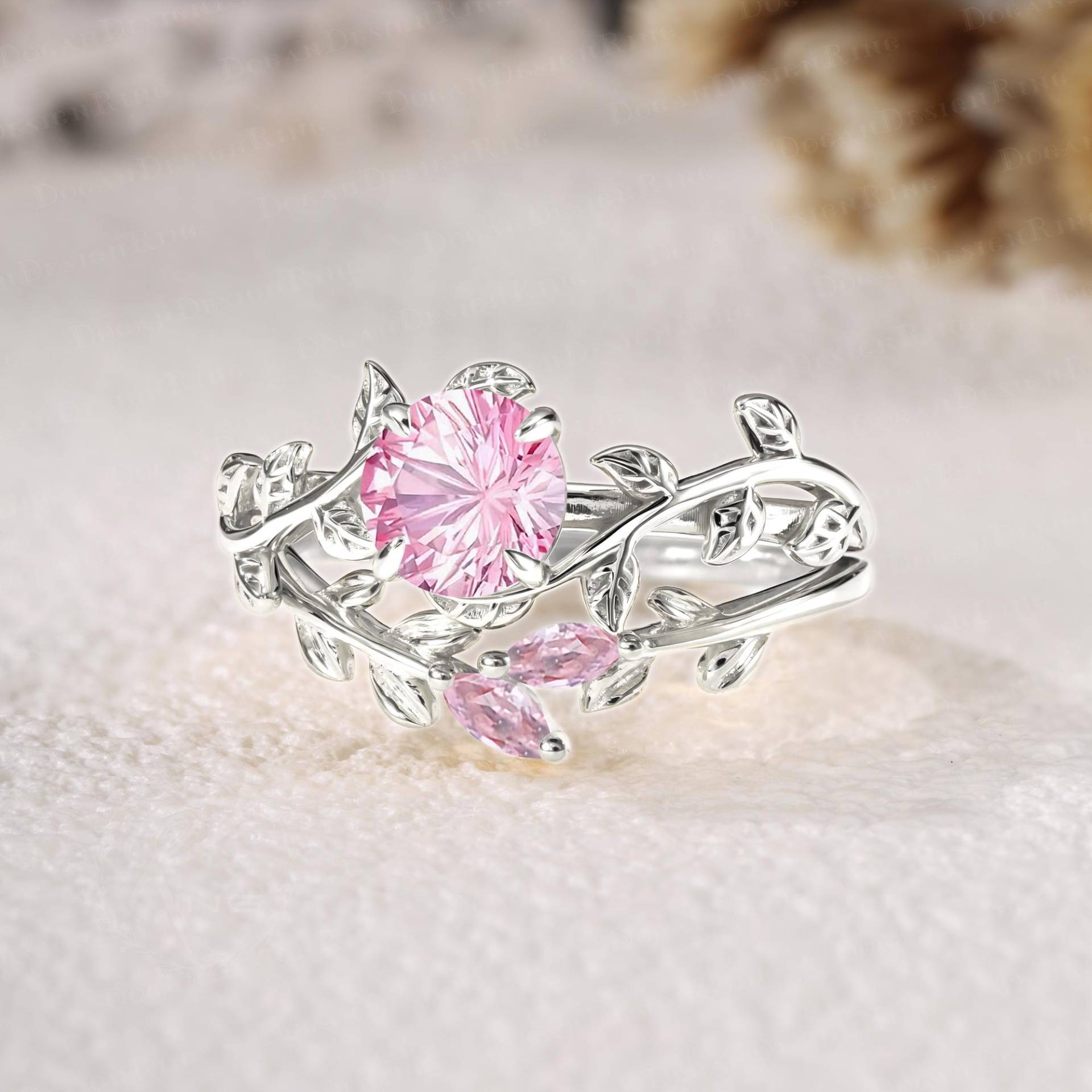 Firework Cut Pink Sapphire Engagement Ring Set Leaf & Vine Promise Unique White Gold Nature Inspired Bridal Handmade Jewelry Firework Cut Pink Sapphire Engagement Ring Set Leaf & Vine Promise Unique White Gold Nature Inspired Bridal Handmade Jewelry von DoganCustomizedGifts