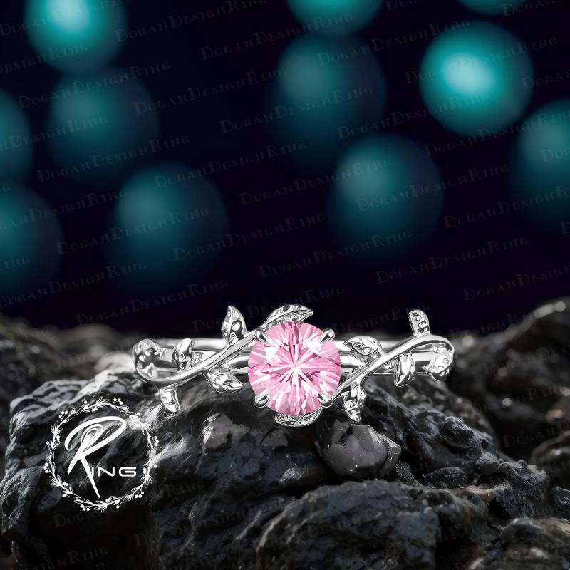 Firework Cut Pink Sapphire Engagement Ring Unique White Gold Gemstone Promise Nature Inspired Moon Leaf Handmade Jewelry Gift von DoganCustomizedGifts