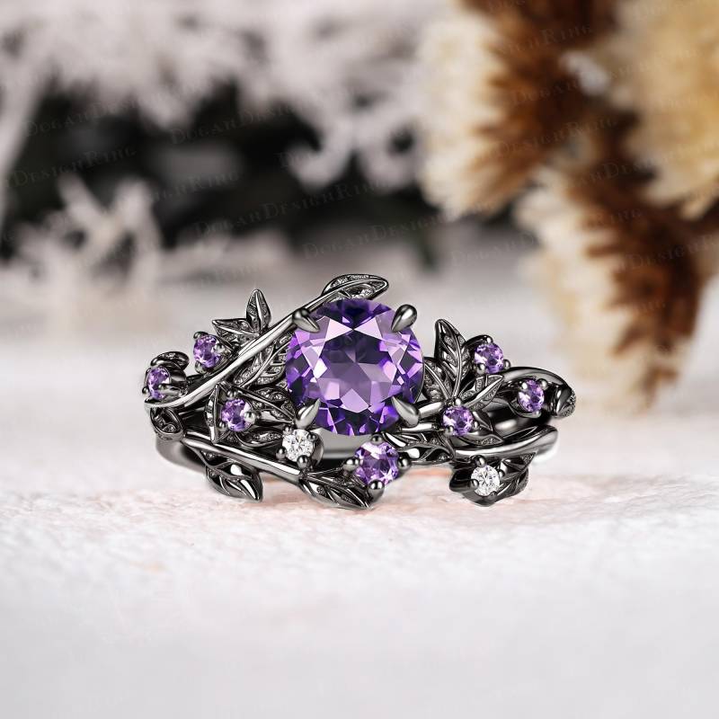 Gothic Amethyst Engagement Ring Set Unique 14K Black Gold Promise Nature Inspired Leaf Art Deco Bridal Handmade Jewelry Gift von DoganCustomizedGifts
