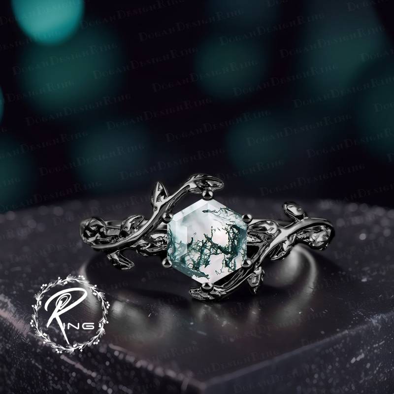 Gothic Hexagon Cut Moss Agate Engagement Ring Art Deco Leaf & Vine Promise Nature Inspired 14K Black Gold Handmade Jewelry Gift von DoganCustomizedGifts