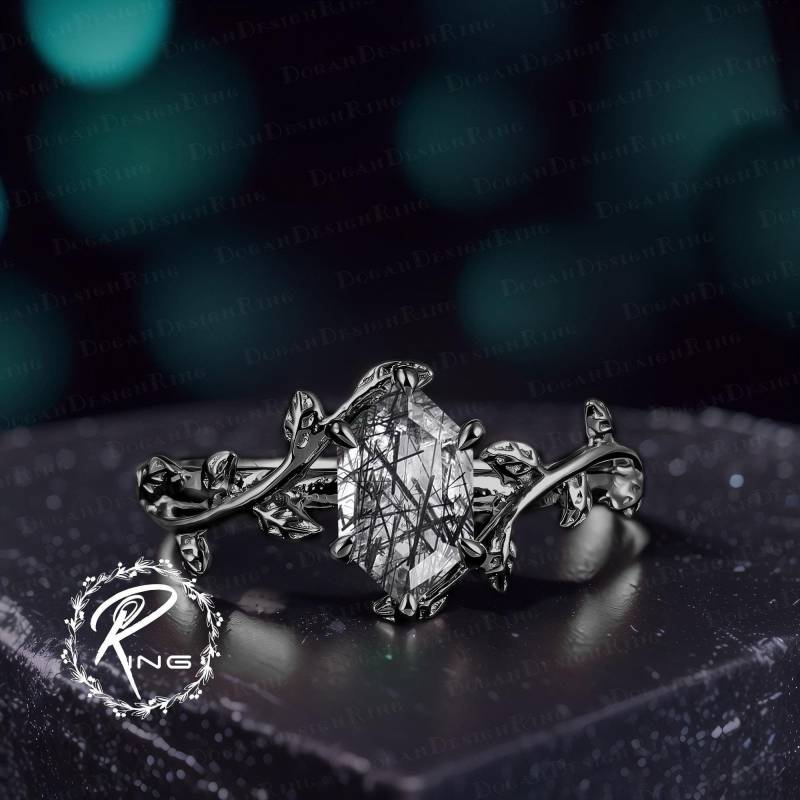 Gothic Long Hexagon Black Rutilated Quartz Engagement Ring Unique 14K Gold Promise Nature Inspired Bridal Leaf Jewelry Gift von DoganCustomizedGifts