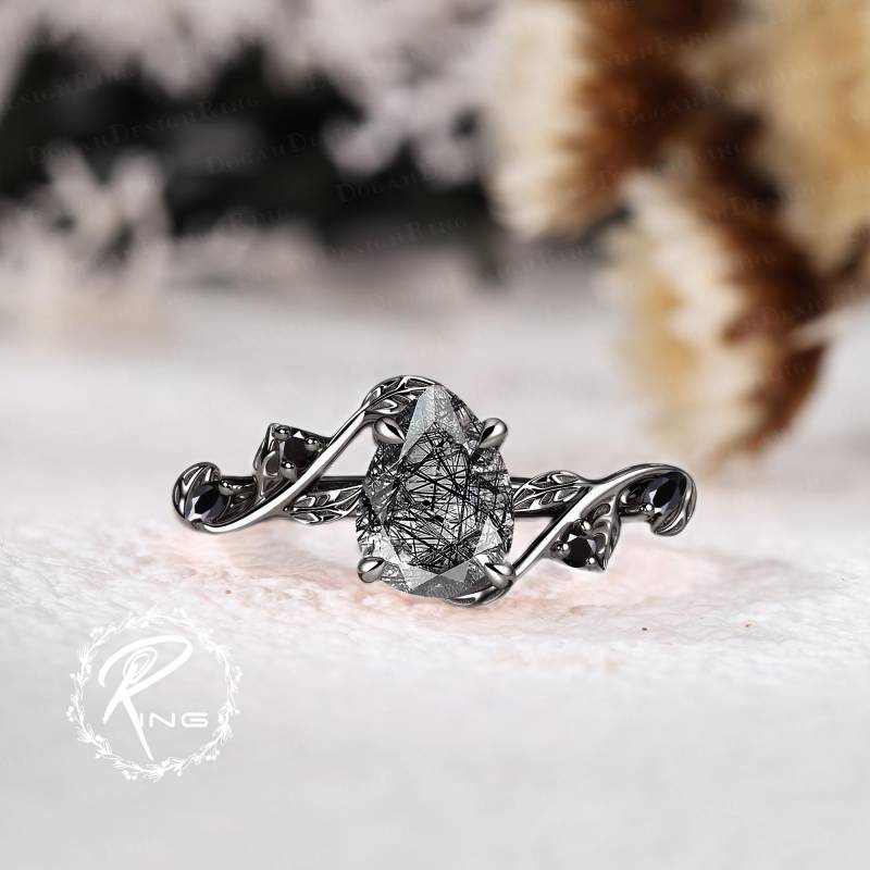 Gothic Pear Cut Black Rutilated Quartz Engagement Ring Unique 14K Gold Promise Nature Inspired Bridal Leaf Her Jewelry Gift von DoganCustomizedGifts