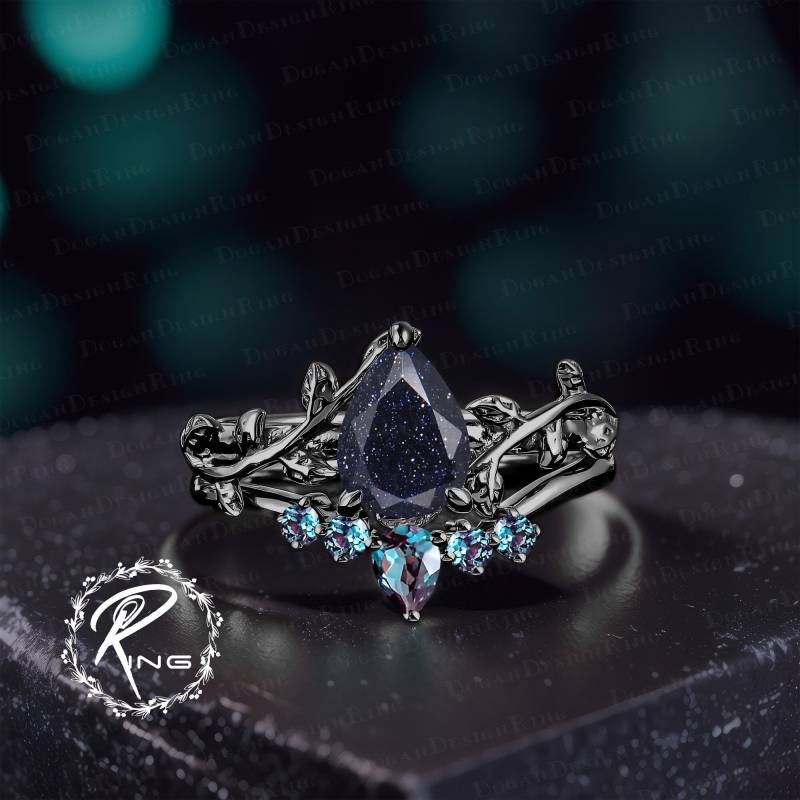 Gothic Pear Cut Blue Sandstone Engagement Ring Set Unique 14K Black Gold Leaf Promise Art Deco Nature Inspired Bridal Jewelry Gift von DoganCustomizedGifts
