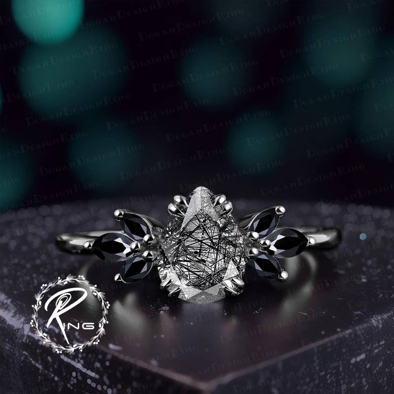 Gothic Pear Shaped Black Rutilated Quartz Engagement Ring Unique 14K Gold Promise Art Deco Cluster Jewelry Gift For Women von DoganCustomizedGifts