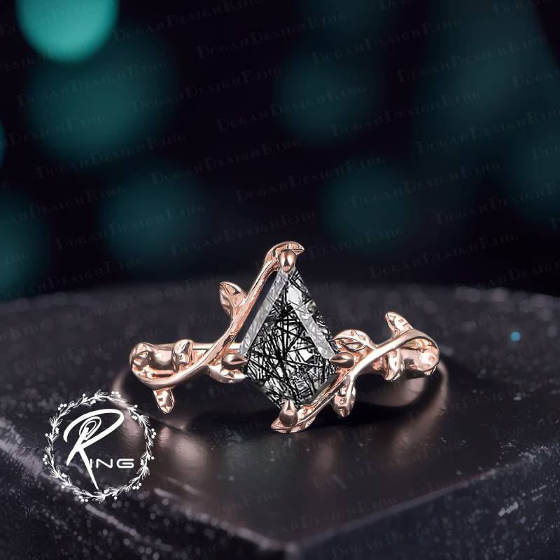 Kite Cut Black Rutilated Quartz Engagement Ring Solid 14K Rose Gold Promise Nature Inspired Leaf & Vine Jewelry Gift For Women von DoganCustomizedGifts
