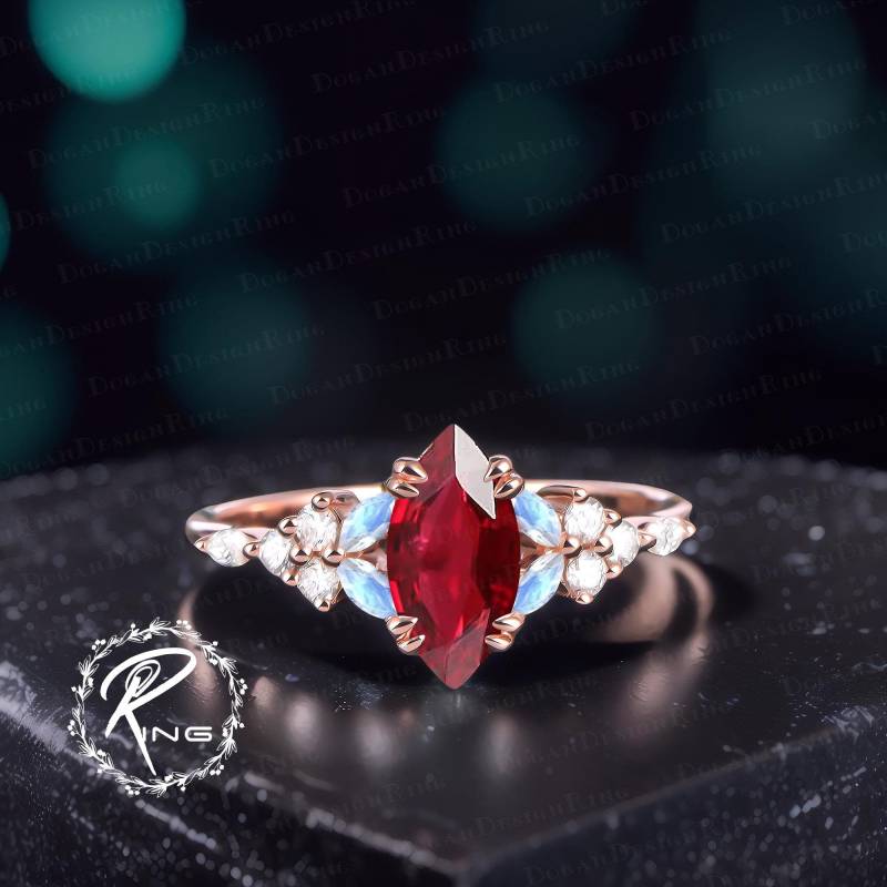 Marquise Cut Red Ruby Engagement Ring Unique Solid 14K Rose Promise Art Deco Gemstone Vintage Handmade Jewelry Gift For Women von DoganCustomizedGifts