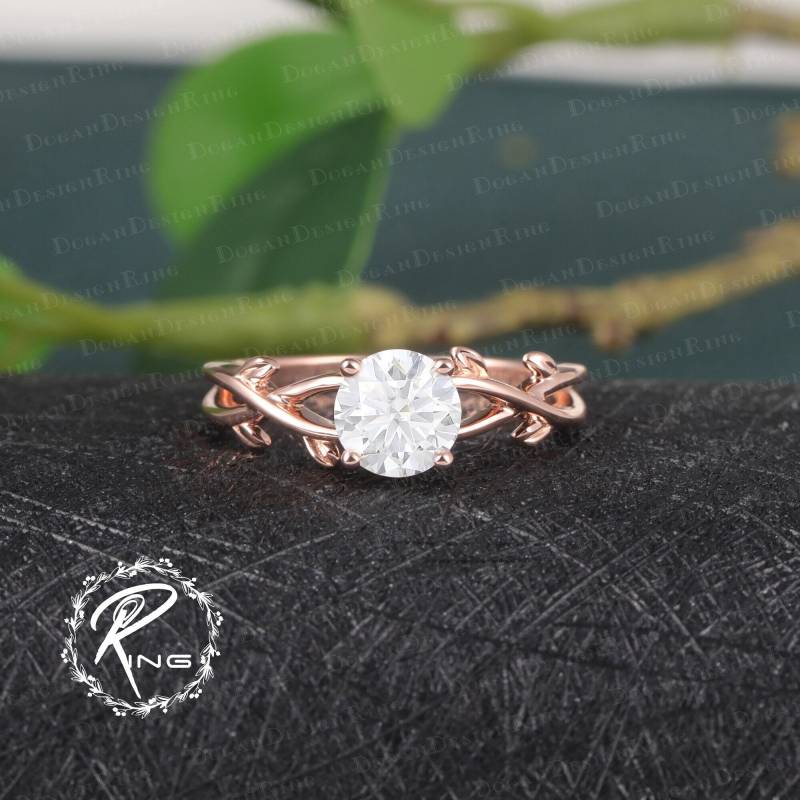 Moissanite Engagement Ring 14K 18K Solid Rose Gold Promise Unique Twist Leaf Nature Inspired Anniversary Gifts For Women von DoganCustomizedGifts