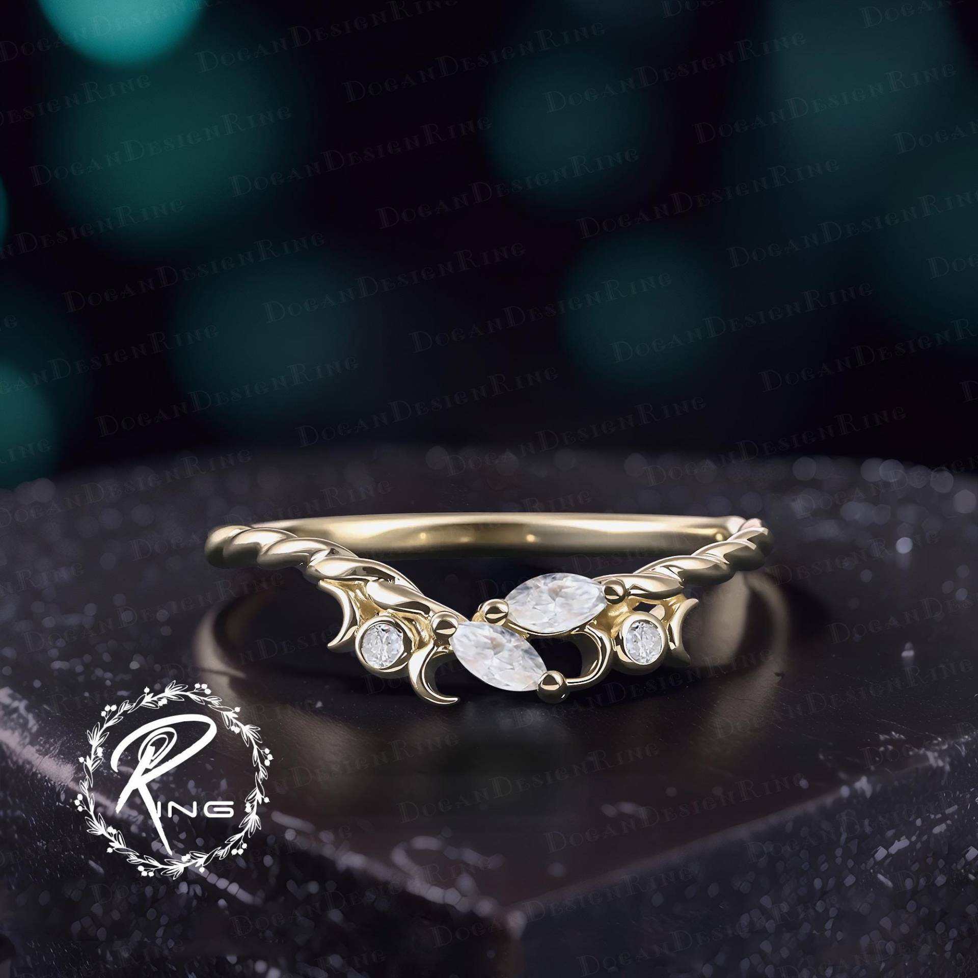 Nature Inspired Moissanite Wedding Ring Vintage Solid 14K Gold Diamond Curved Band Art Deco Moon Unique Jewelry Gift For Women von DoganCustomizedGifts