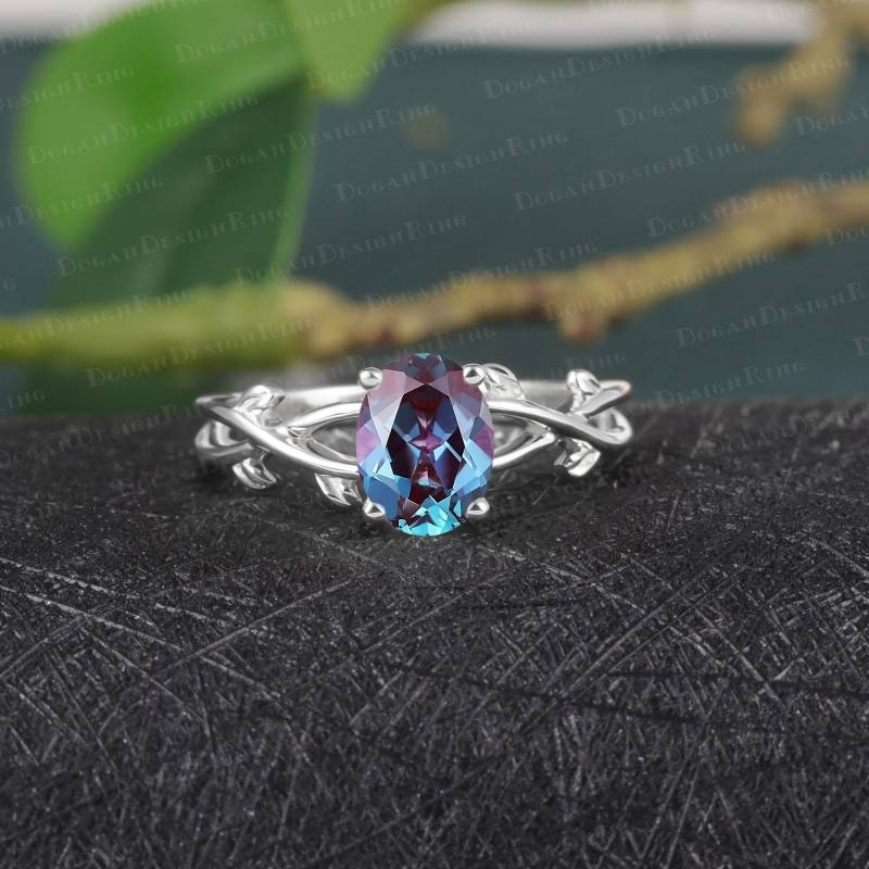 Oval Cut Alexandrite Engagement Ring Uniuqe Twist Leaf White Gold Nature Inspired Color Changing Gemstone Promise Ring von DoganCustomizedGifts