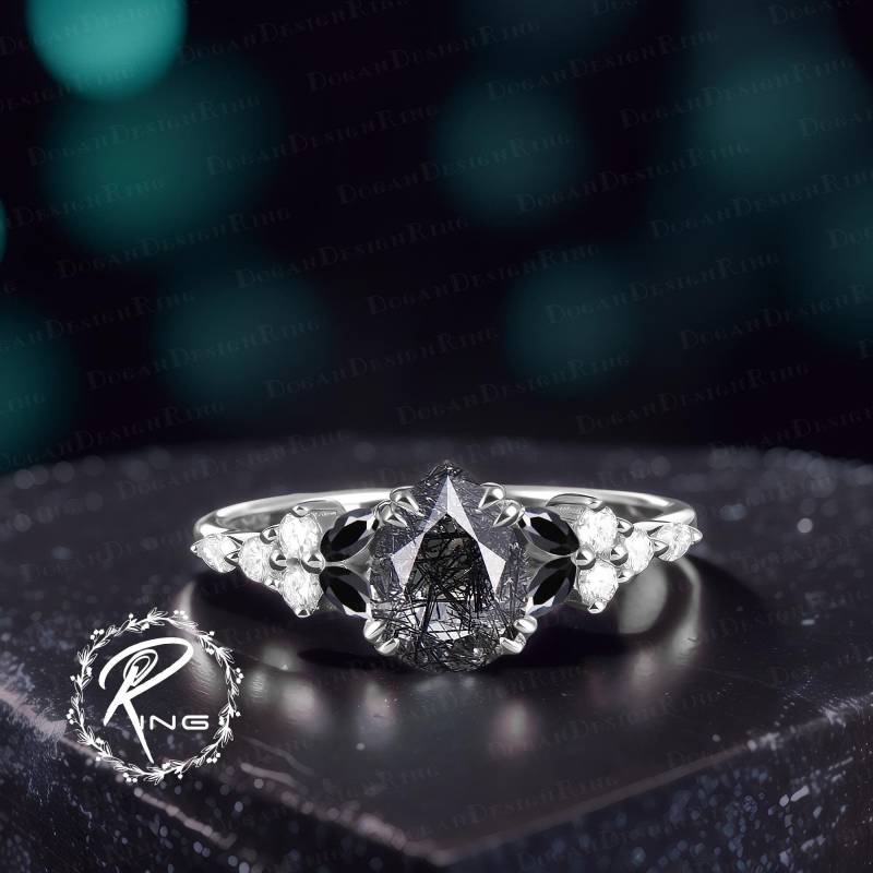Pear Cut Black Rutilated Quartz Engagement Ring Unique 14K Solid White Gold Promise Art Deco Gemstone Women Handmade Jewelry Gift von DoganCustomizedGifts