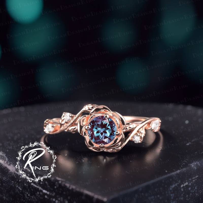 Rose Flower Engagement Ring Alexandrite Promise Gold Color Changing Stone Nature Inspired Leaf Anniversary Ring Gift For Her von DoganCustomizedGifts