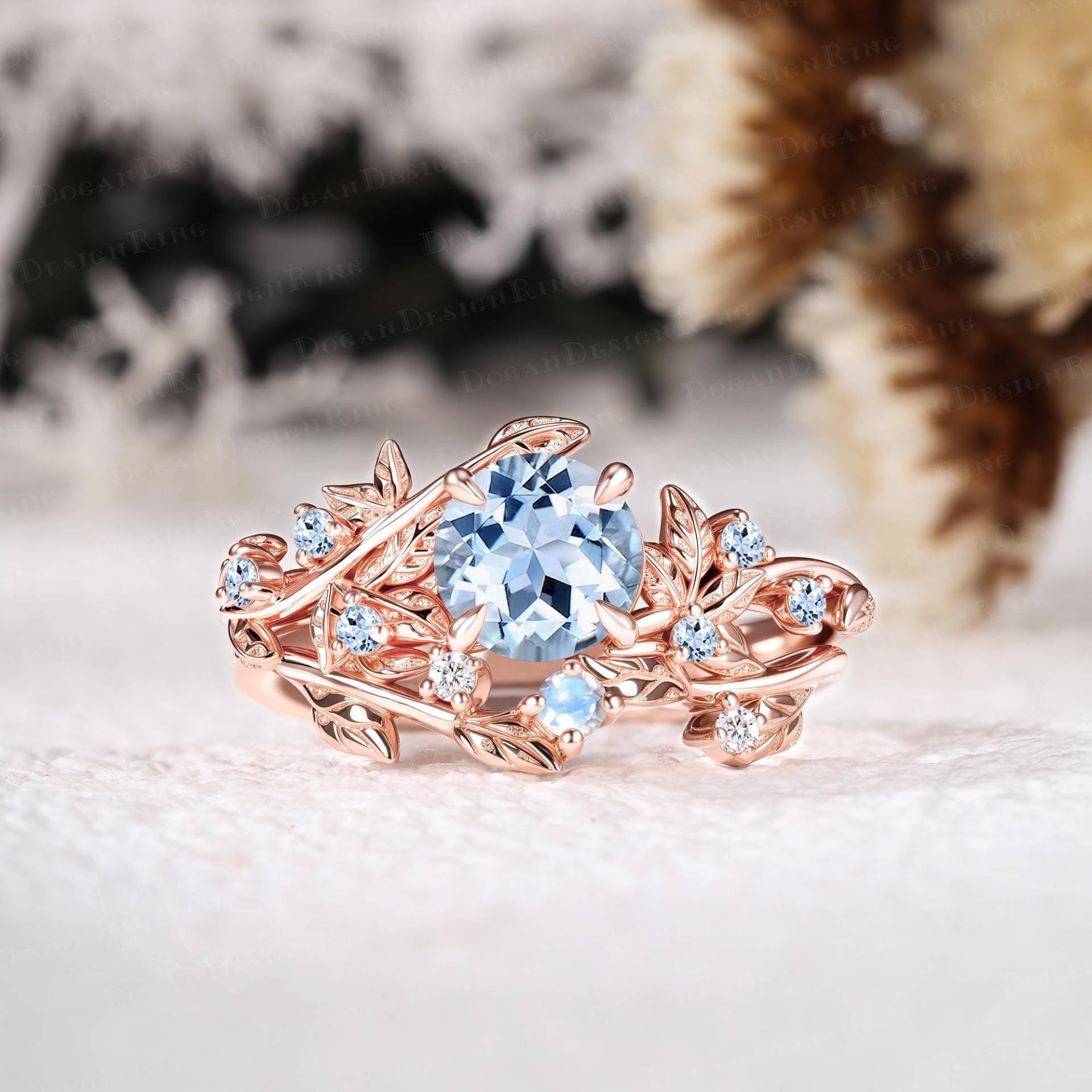 Unique Blue Aquamarine Engagement Ring Set Art Deco Rose Gold Promise Nature Inspired Leaf Bridal Handmade Jewelry Unique Blue Aquamarine Engagement Ring Set Art Deco Rose Gold Promise Nature Inspired Leaf Bridal Handmade Jewelry von DoganCustomizedGifts