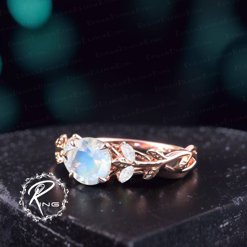 Unique Blue Moonstone Engagement Ring Art Deco Solid 14K Rose Gold Promise Nature Inspired Leaf Handmade Jewelry Gift For Women von DoganCustomizedGifts