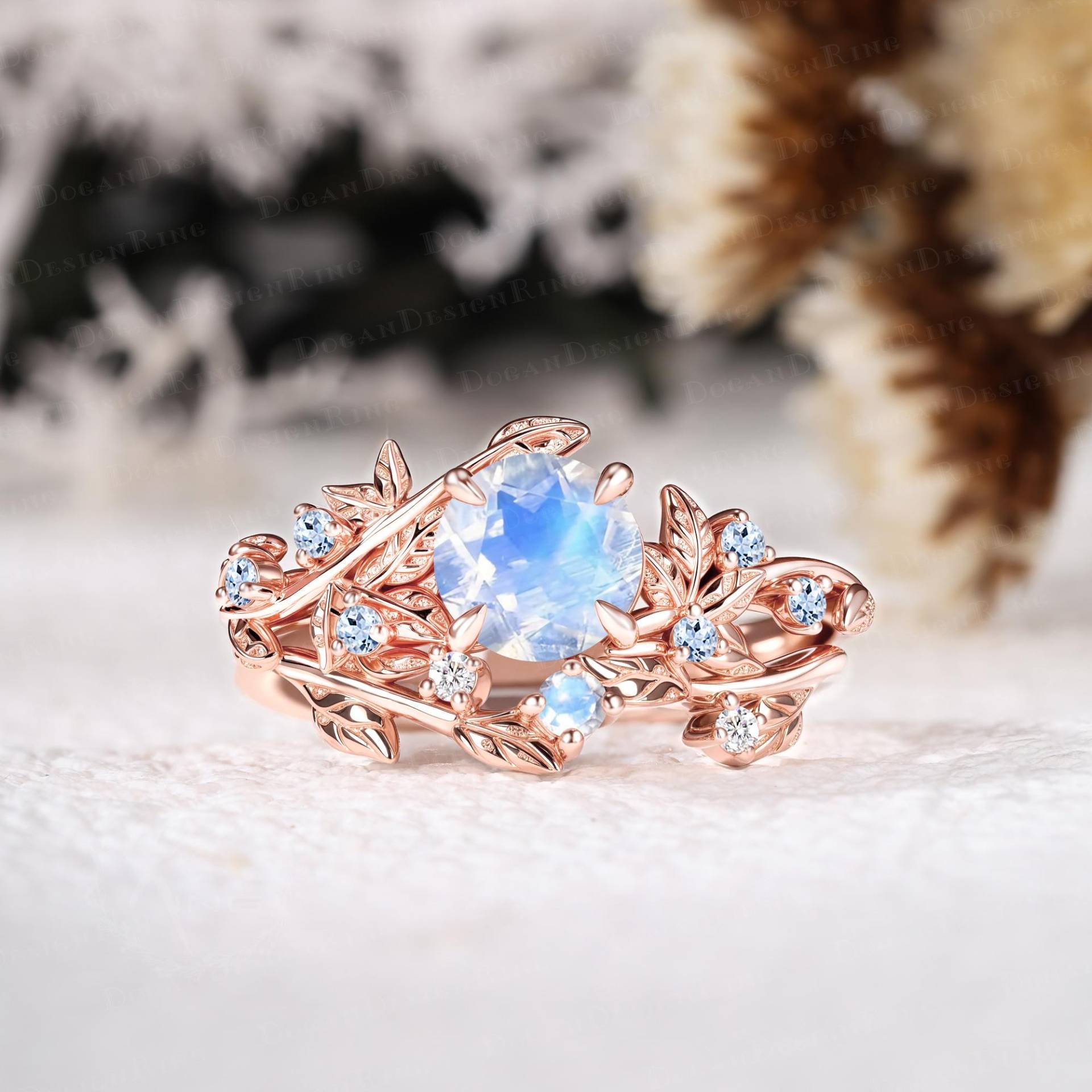 Unique Blue Moonstone Engagement Ring Set Art Deco Rose Gold Promise Nature Inspired Leaf Bridal Her Handmade Jewelry Unique Blue Moonstone Engagement Ring Set Art Deco Rose Gold Promise Nature Inspired Leaf Bridal Her Handmade Jewelry von DoganCustomizedGifts