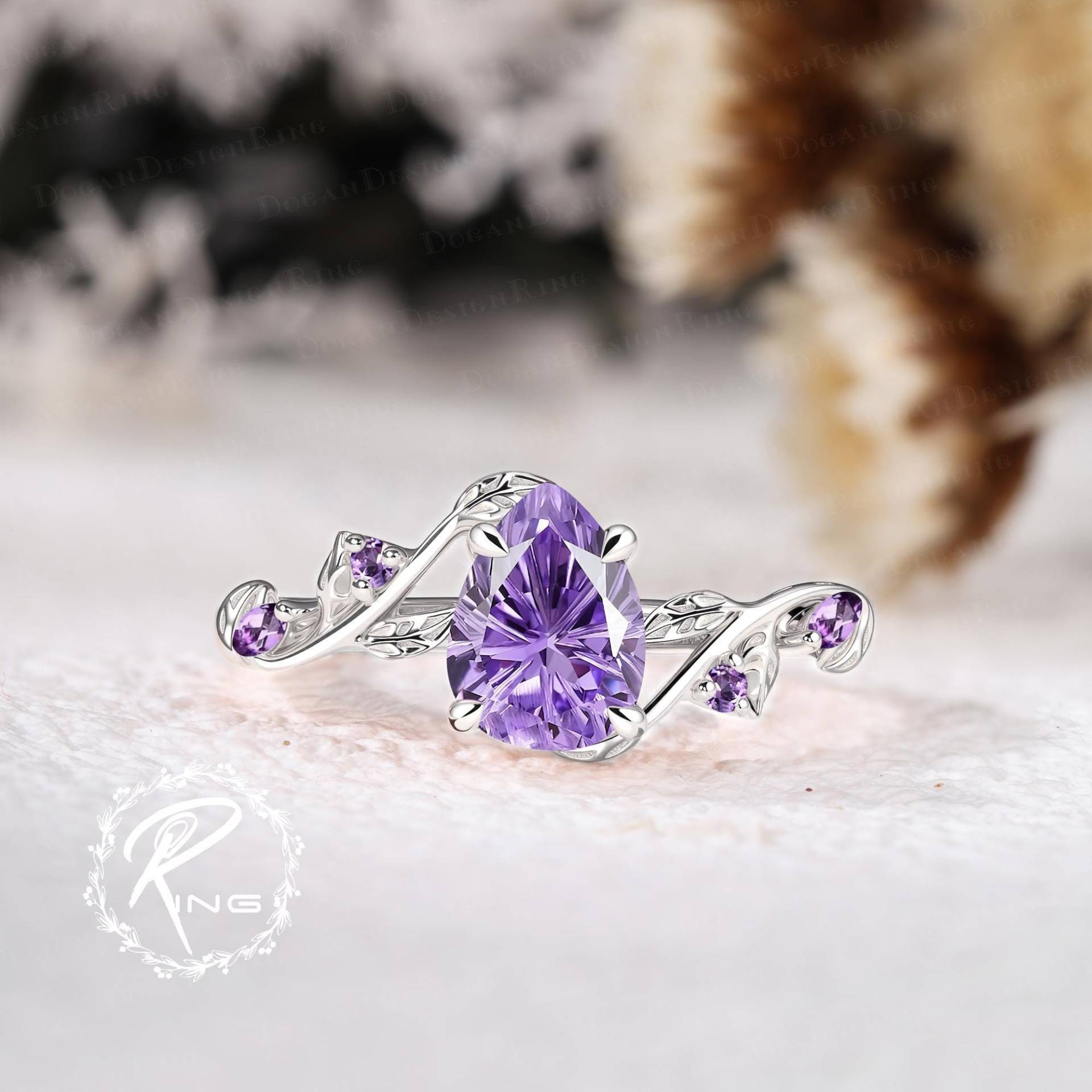 Unique Firework Cut Pear Shaped Amethyst Engagement Ring White Gold Nature Inspired Leaf Art Deco Twist Her Handmade Jewelry Gift Unique Firework Cut Pear Shaped Amethyst Engagement Ring White Gold Nature Inspired Leaf Art Deco Twist Her Handmade Jewelry Gift von DoganCustomizedGifts