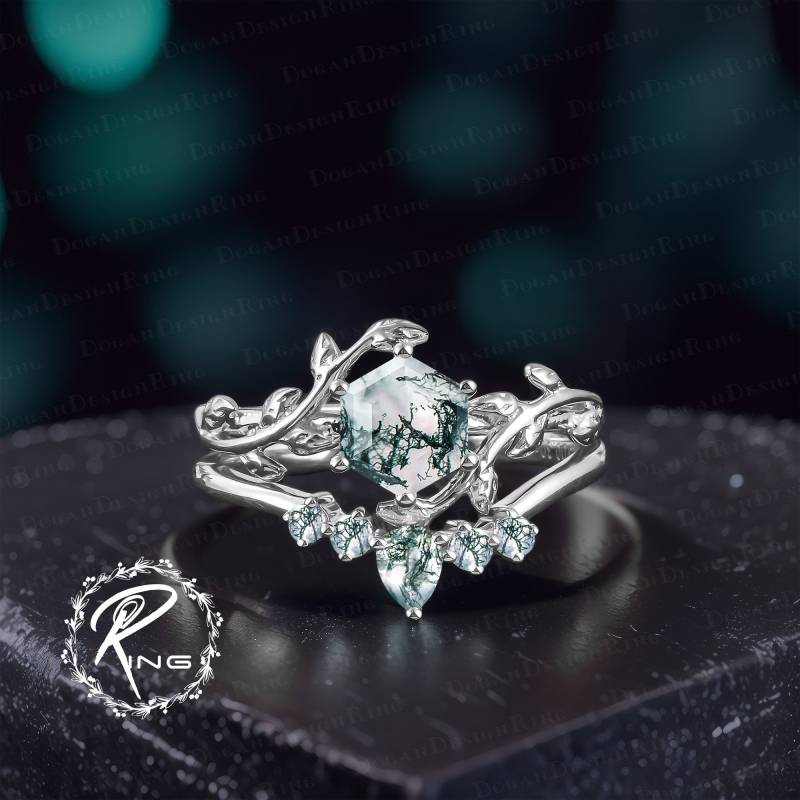 Unique Hexagon Cut Moss Agate Engagement Ring Sets Vintage 14K White Gold Leaf Promise For Women Nature Inspired Art Deco Bridal von DoganCustomizedGifts