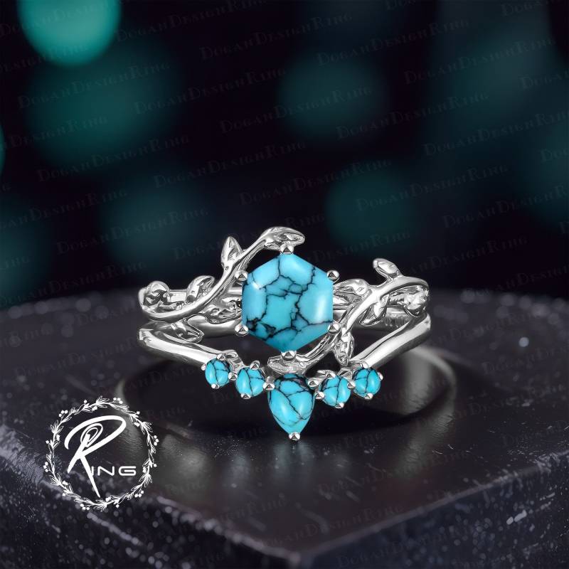 Unique Hexagon Cut Turquoise Engagement Ring Sets Vintage 14K White Gold Leaf Promise For Women Nature Inspired Art Deco Bridal von DoganCustomizedGifts