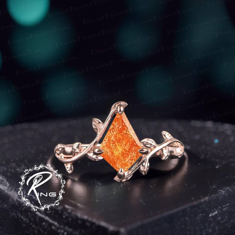 Unique Kite Cut Sunstone Engagement Ring Art Deco Solid Rose Gold Leaf Promise Nature Inspired Orange Gemstone Jewelry Gift von DoganCustomizedGifts