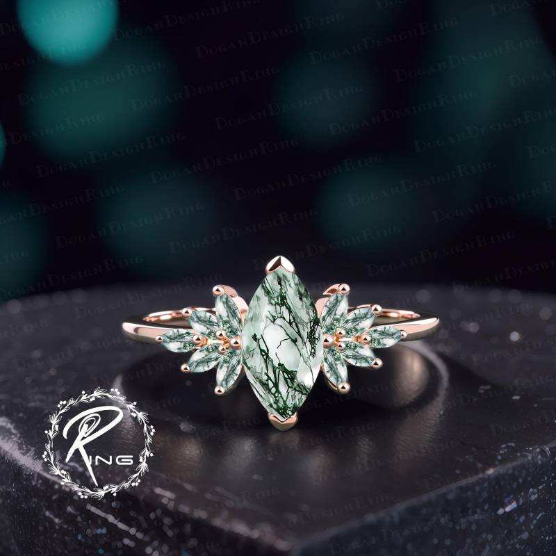 Unique Marquise Cut Moss Agate Engagement Ring Art Deco Solid Rose Gold Promise Green Gemstone Cluster Jewelry Gift For Women von DoganCustomizedGifts