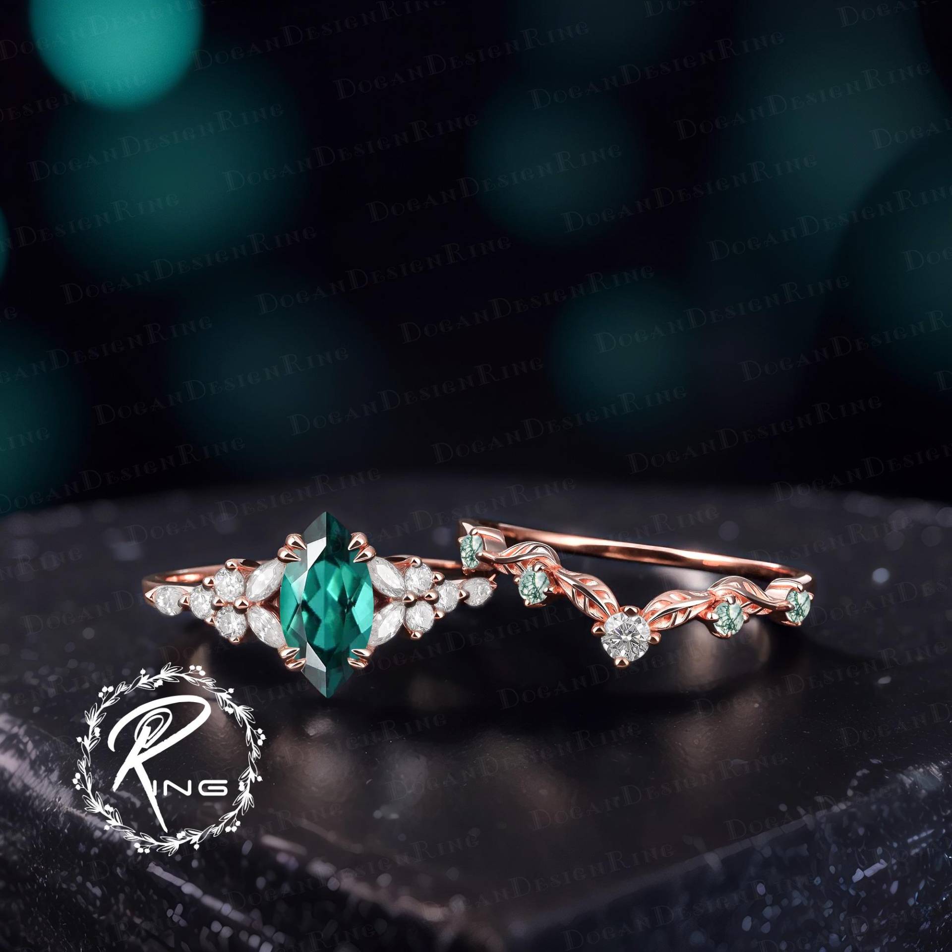 Unique Marquise Green Emerald Engagement Ring Set Solid Rose Gold Promise Art Deco Bridal May Birthstone Cluster Jewelry Gift Unique Marquise Green Emerald Engagement Ring Set Solid Rose Gold Promise Art Deco Bridal May Birthstone Cluster Jewelry Gift von DoganCustomizedGifts