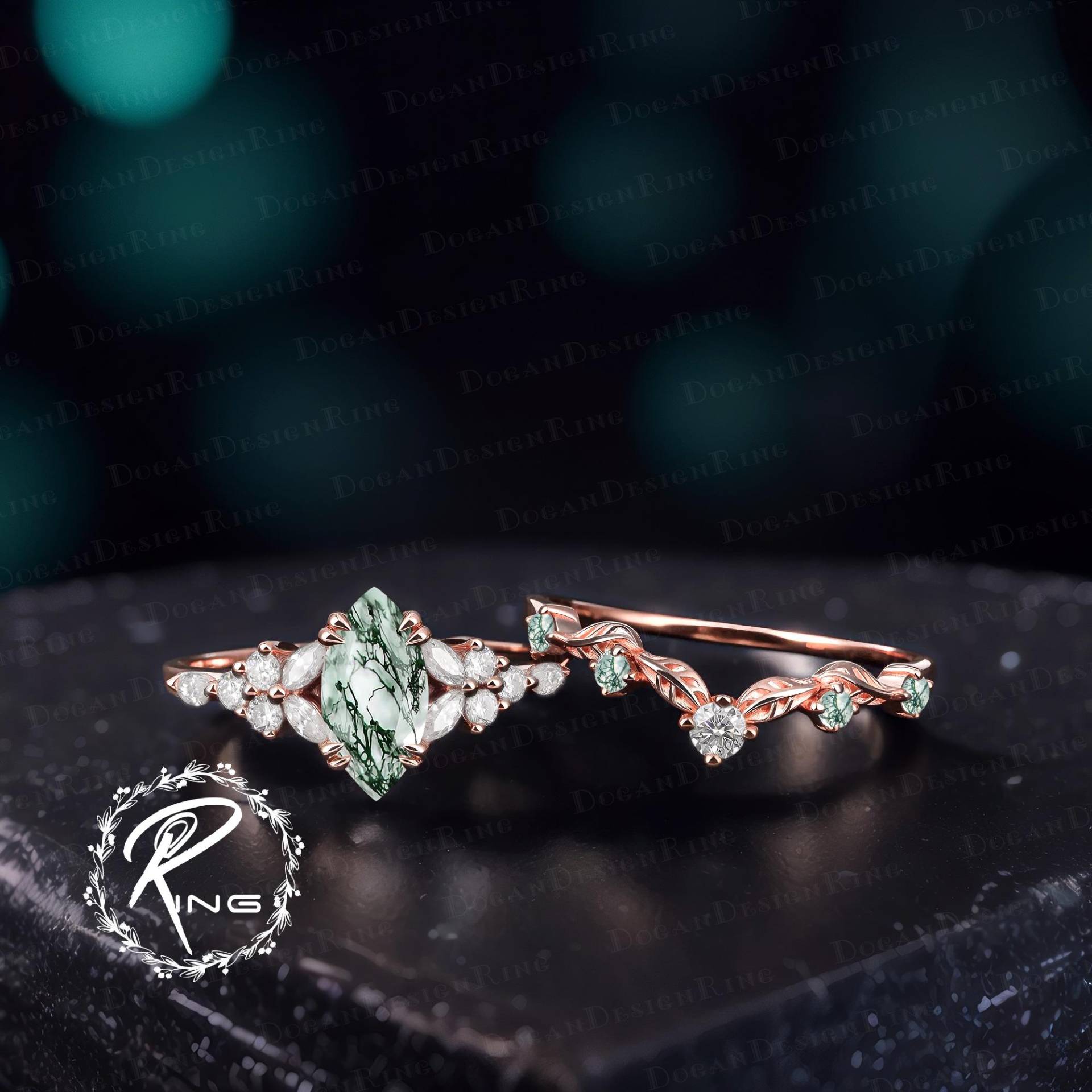 Unique Marquise Moss Agate Engagement Ring Set Solid Rose Gold Promise Art Deco Bridal Green Gemstone Cluster Her Jewelry Gift von DoganCustomizedGifts