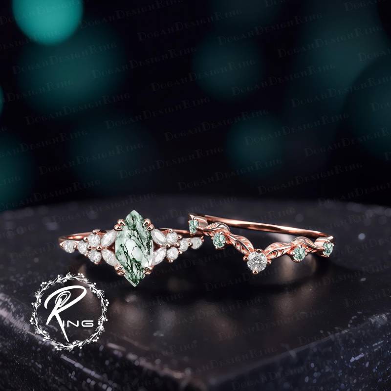 Unique Marquise Moss Agate Engagement Ring Set Solid Rose Gold Promise Art Deco Bridal Green Gemstone Cluster Her Jewelry Gift von DoganCustomizedGifts