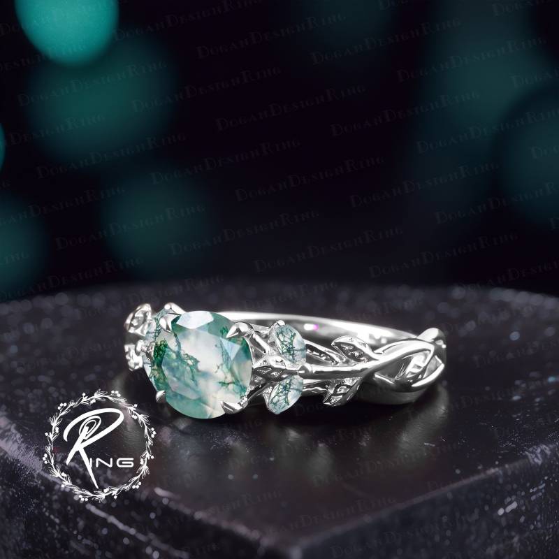 Unique Moss Agate Engagement Ring Art Deco Solid 14K 18K White Gold Promise Nature Inspired Leaf Handmade Jewelry Gifts For Women von DoganCustomizedGifts
