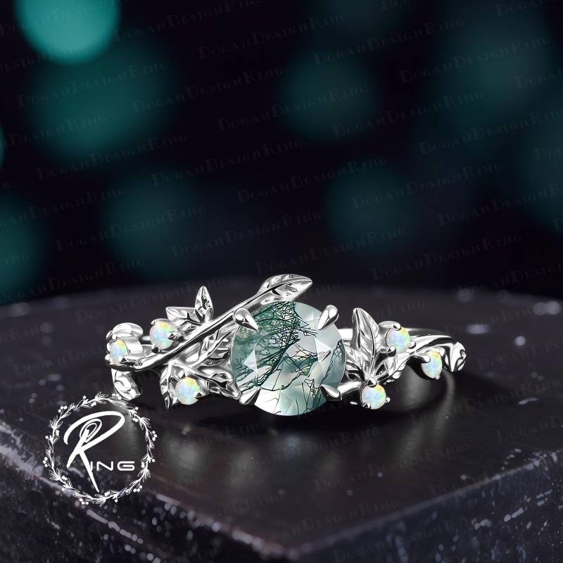 Unique Moss Agate Engagement Ring Art Deco Solid 14K White Gold Promise Nature Inspired Green Gemstone Leaf Jewelry Gift For Women von DoganCustomizedGifts