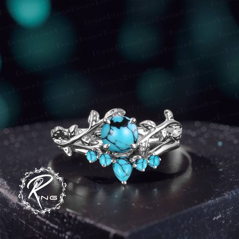Unique Natural Turquoise Engagement Ring Sets Vintage 14K White Gold Leaf Promise For Women Nature Inspired Art Deco Wedding Bridal Set von DoganCustomizedGifts