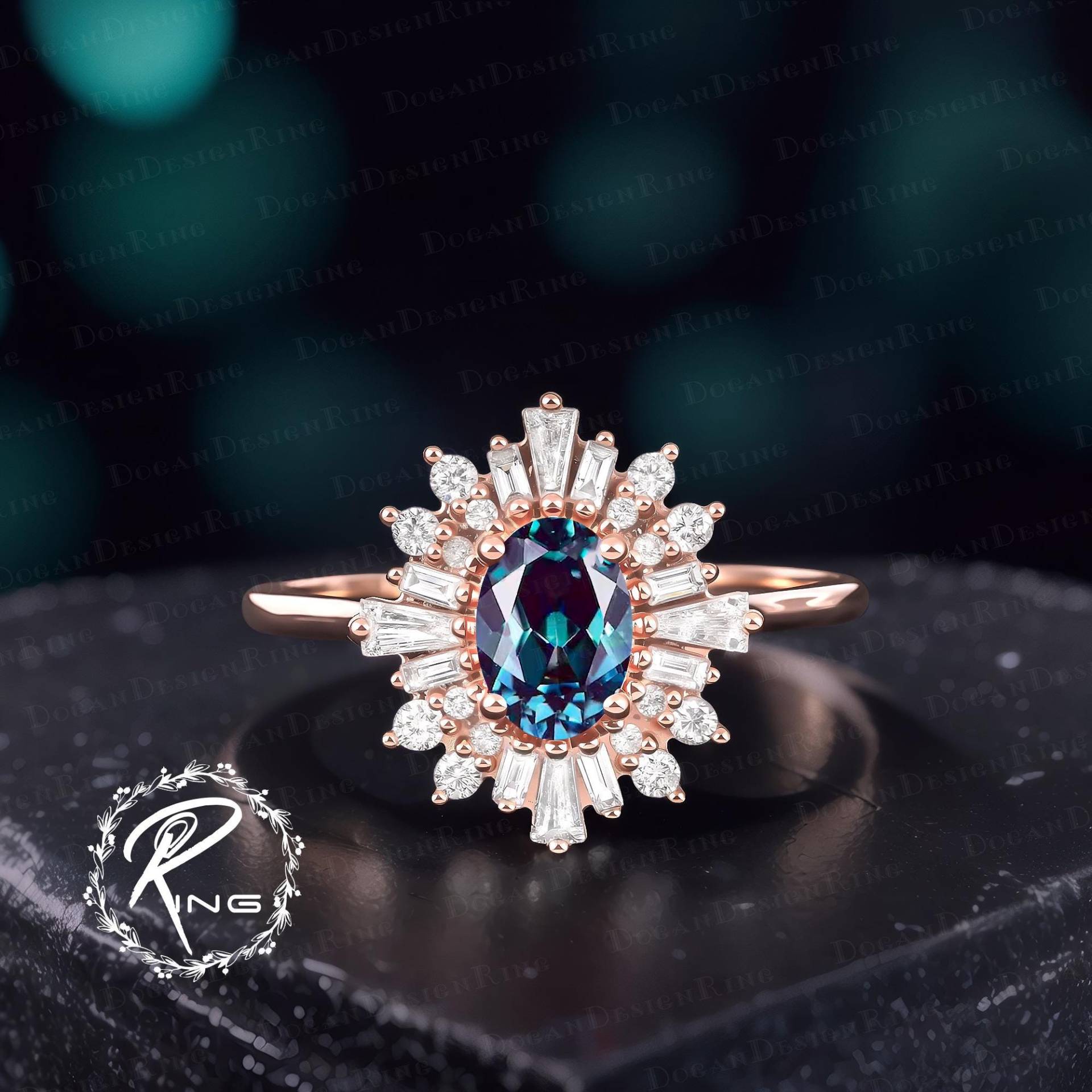 Unique Oval Cut Alexandrite Engagement Ring Art Deco Rose Gold June Birthstone Promise Cluster Halo Diamond Handmade Jewelry Gift Unique Oval Cut Alexandrite Engagement Ring Art Deco Rose Gold June Birthstone Promise Cluster Halo Diamond Handmade Jewelry Gift von DoganCustomizedGifts