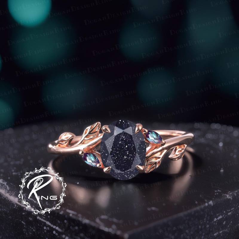 Unique Oval Cut Blue Sandstone Engagement Ring Art Deco Solid 14K Rose Gold Leaf Promise Nature Inspired Jewelry Gift For Her von DoganCustomizedGifts