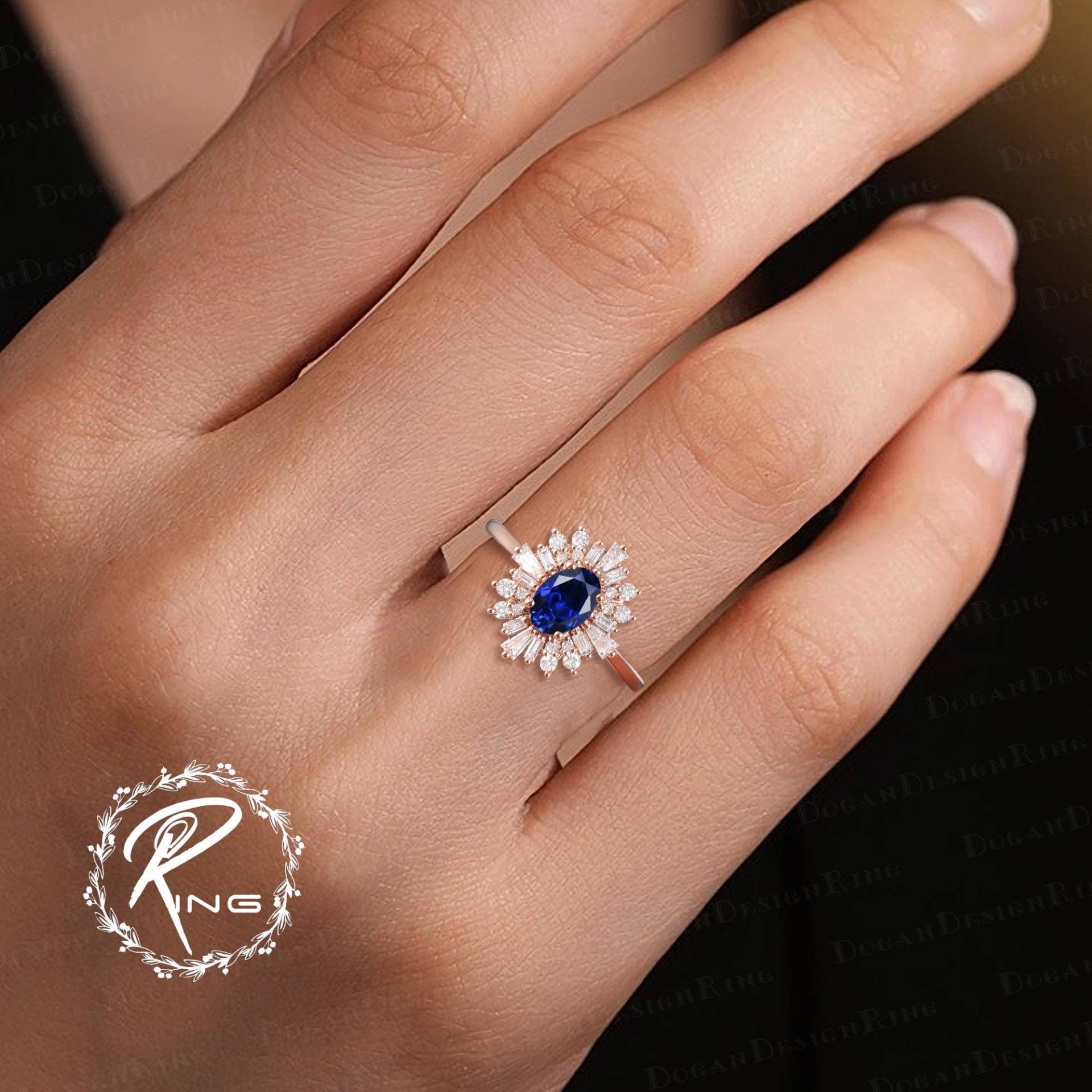 Unique Oval Cut Blue Sapphire Engagement Ring Art Deco Rose Gold Gemstone Promise Cluster Halo Diamond Handmade Jewelry Gift Unique Oval Cut Blue Sapphire Engagement Ring Art Deco Rose Gold Gemstone Promise Cluster Halo Diamond Handmade Jewelry Gift von DoganCustomizedGifts