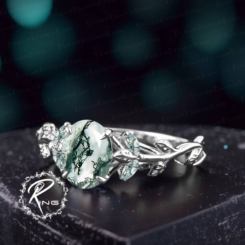 Unique Oval Cut Moss Agate Engagement Ring Art Deco 14K White Gold Promise Nature Inspired Leaf Handmade Jewelry Gifts For Women von DoganCustomizedGifts